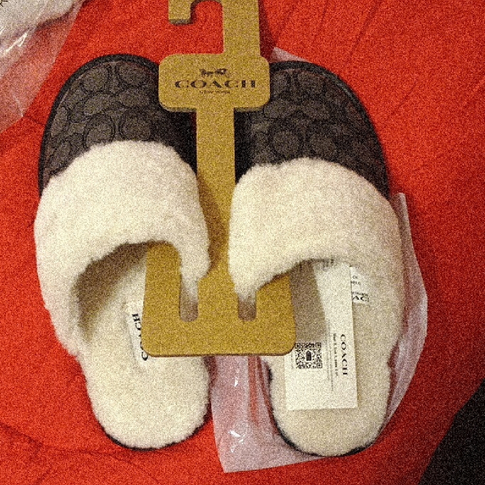 Coach Black and Cream Shearling Slippers